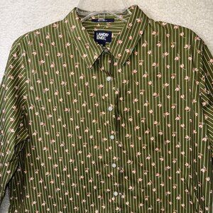 Lands End Womens Size 16 Green Striped Floral Button-Up Shirt Supima Cotton
